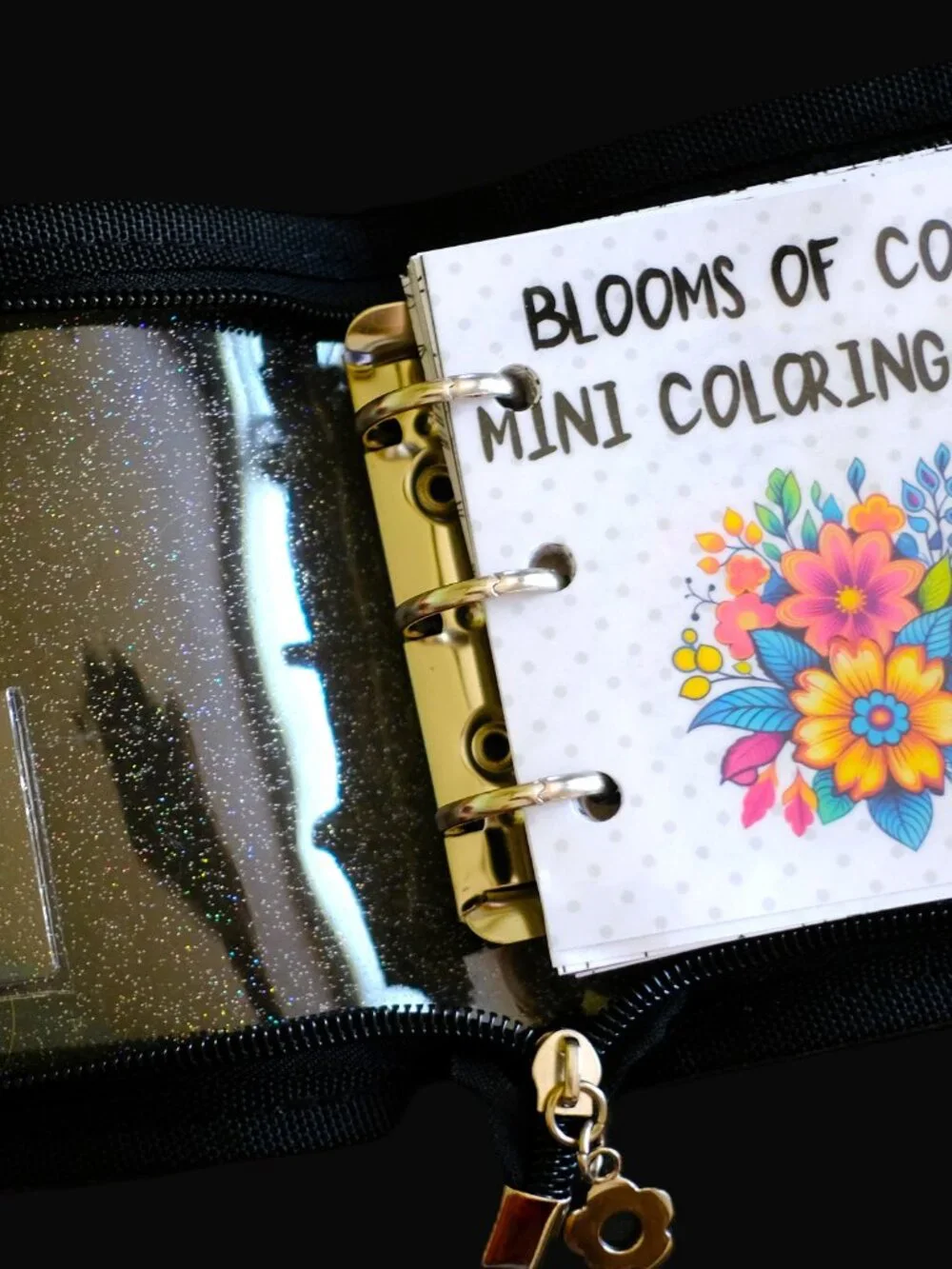 Mini Coloring Book & Pencil Set, Florals, Handmade, 3 ring binder, zipper